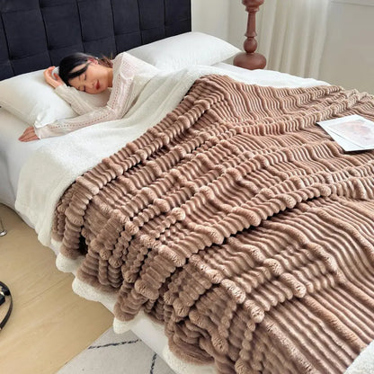 Plush gray and white ribbed sherpa blanket with cozy lamb wool and soft fleece lining by decorbites cozy lamb