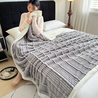 Plush gray and white ribbed sherpa blanket with cozy lamb wool fleece lining perfect for decorbites cozy lamb decor