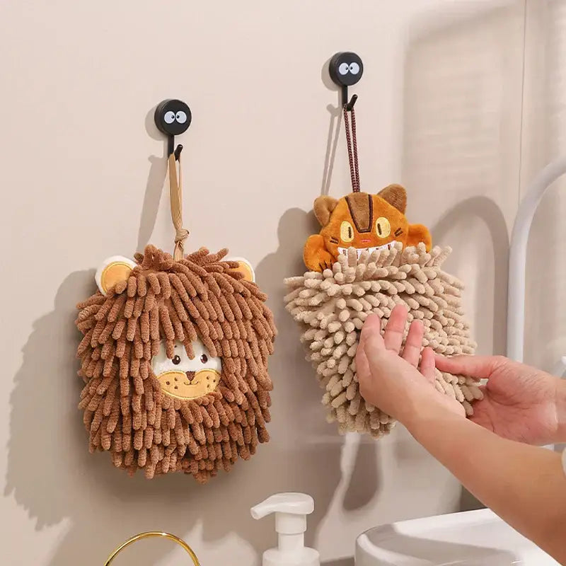 Brown and beige plush decorbites cat kitchen hand towels super absorbent microfiber hanging from wall hooks