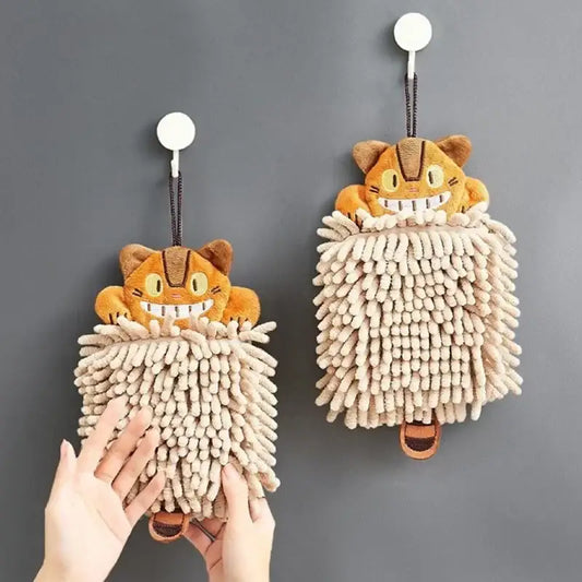 Plush orange and beige cat kitchen hand towel with super absorbent microfiber strands and brown accents for decorbites cat kitchen