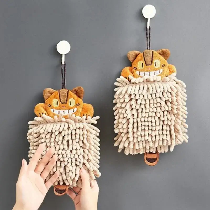 Plush orange and beige cat kitchen hand towel with super absorbent microfiber strands and brown accents for decorbites cat kitchen