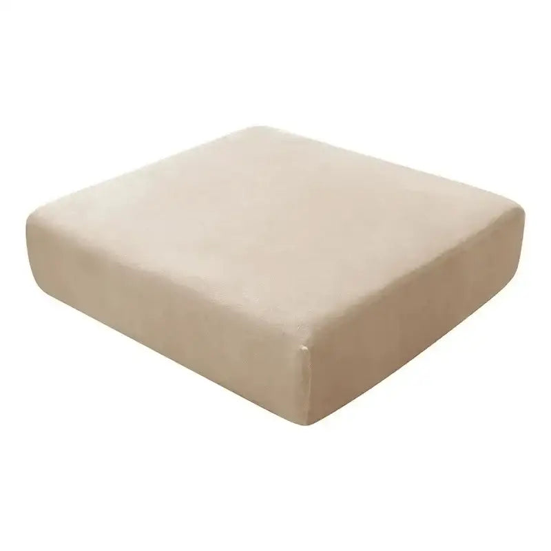 Beige square plush velvet sofa cushion cover with soft texture and elastic design for living room protection