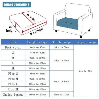 Blue cushion cover designed for armchair with measurement guidelines and size chart for sofa protector use