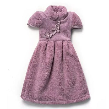 A soft lavender plush pink coral fleece cheongsam hand towel with silver ribbon bows for kitchen and bathroom decorbites coral fleece
