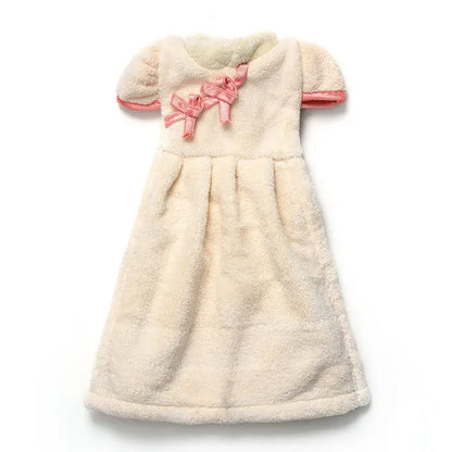 Cream-colored plush coral fleece cheongsam hand towel with short sleeves and pink ribbon bows for kitchen and bathroom decorbites coral fleece