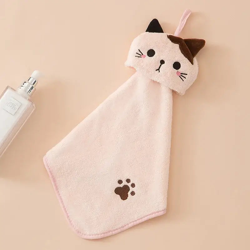 Plush pink and pale yellow cartoon cat hand towel with embroidered ears and paw print for kitchen by decorbites cartoon cat