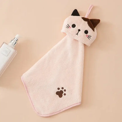 Plush pink and pale yellow cartoon cat hand towel with embroidered ears and paw print for kitchen by decorbites cartoon cat