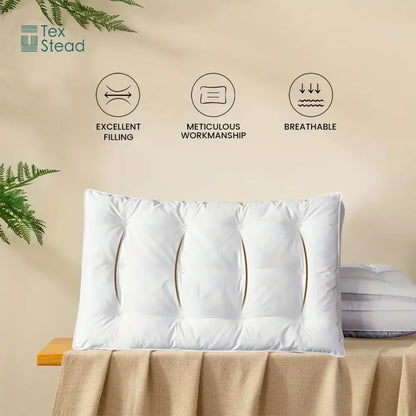 Plush white double layer fiber pillow with three vertical stitched sections and subtle gold trim by tex stead
