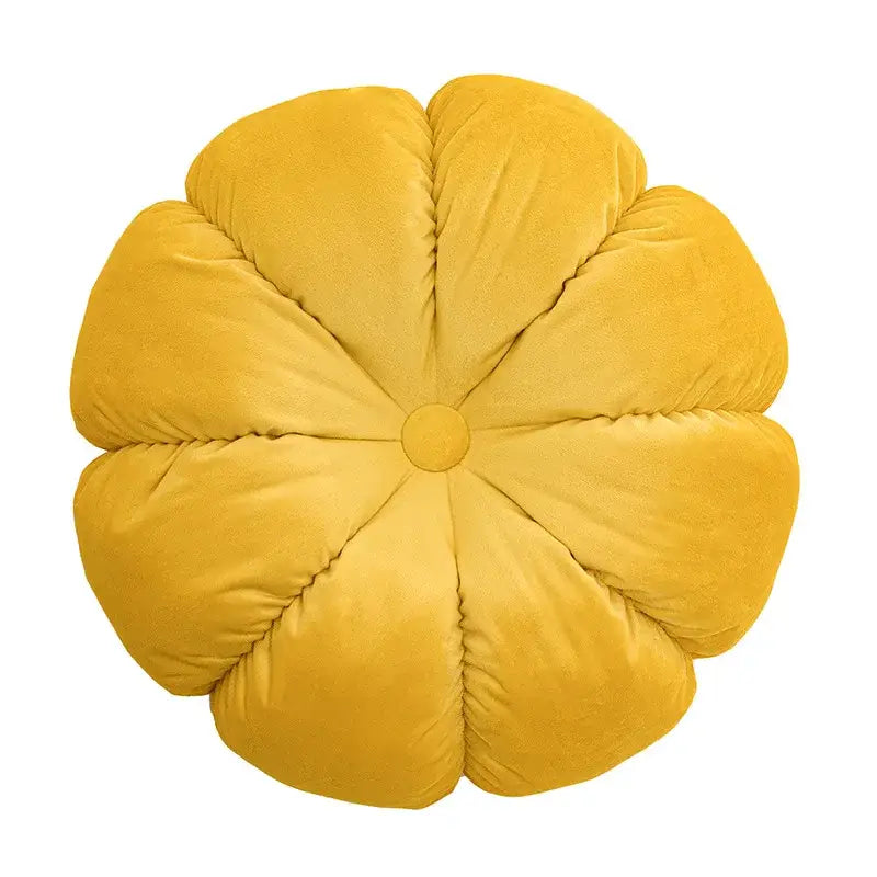 A plush mustard-yellow velvet flower-shaped cushion with soft petals central button for home decor and decorbites 3d flowers pillows