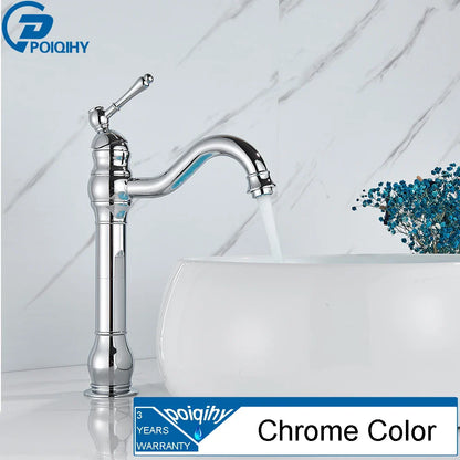 Chrome-finished poiqihy single-handle deck mounted bathroom faucet with classic curved spout and single hole housing material