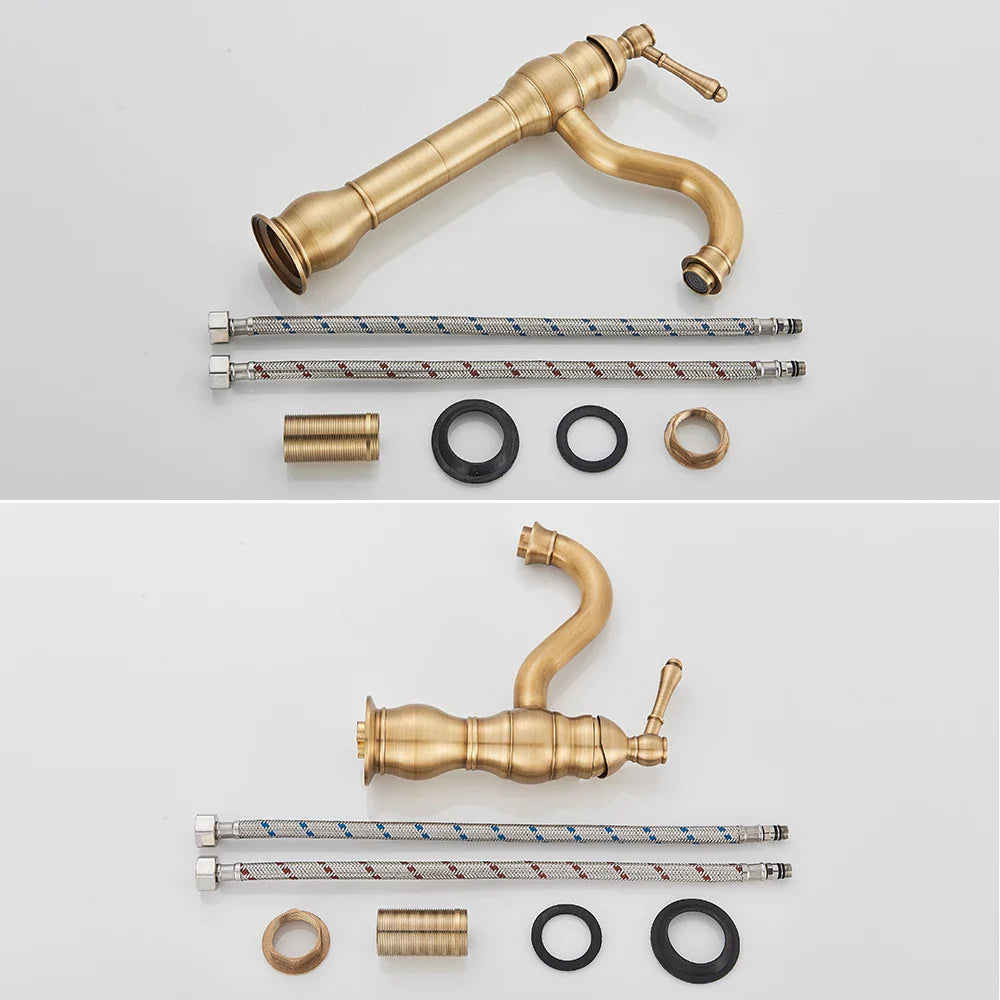 Antique brass deck mounted single hole basin vessel sink faucet with curved spout and flexible hoses housing material brass