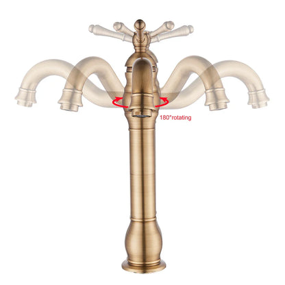 Poiqihy antique brass four-armed deck mounted single hole kitchen faucet with classic cross-handle housing material