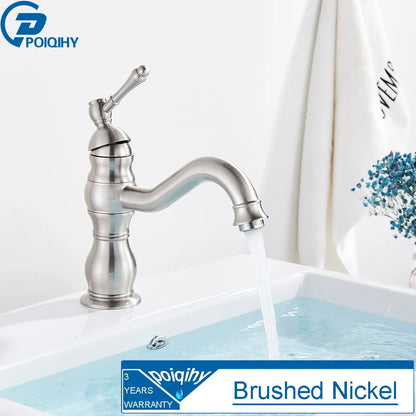 Brushed nickel single hole deck mounted bathroom faucet with curved spout and decorative segmented housing material