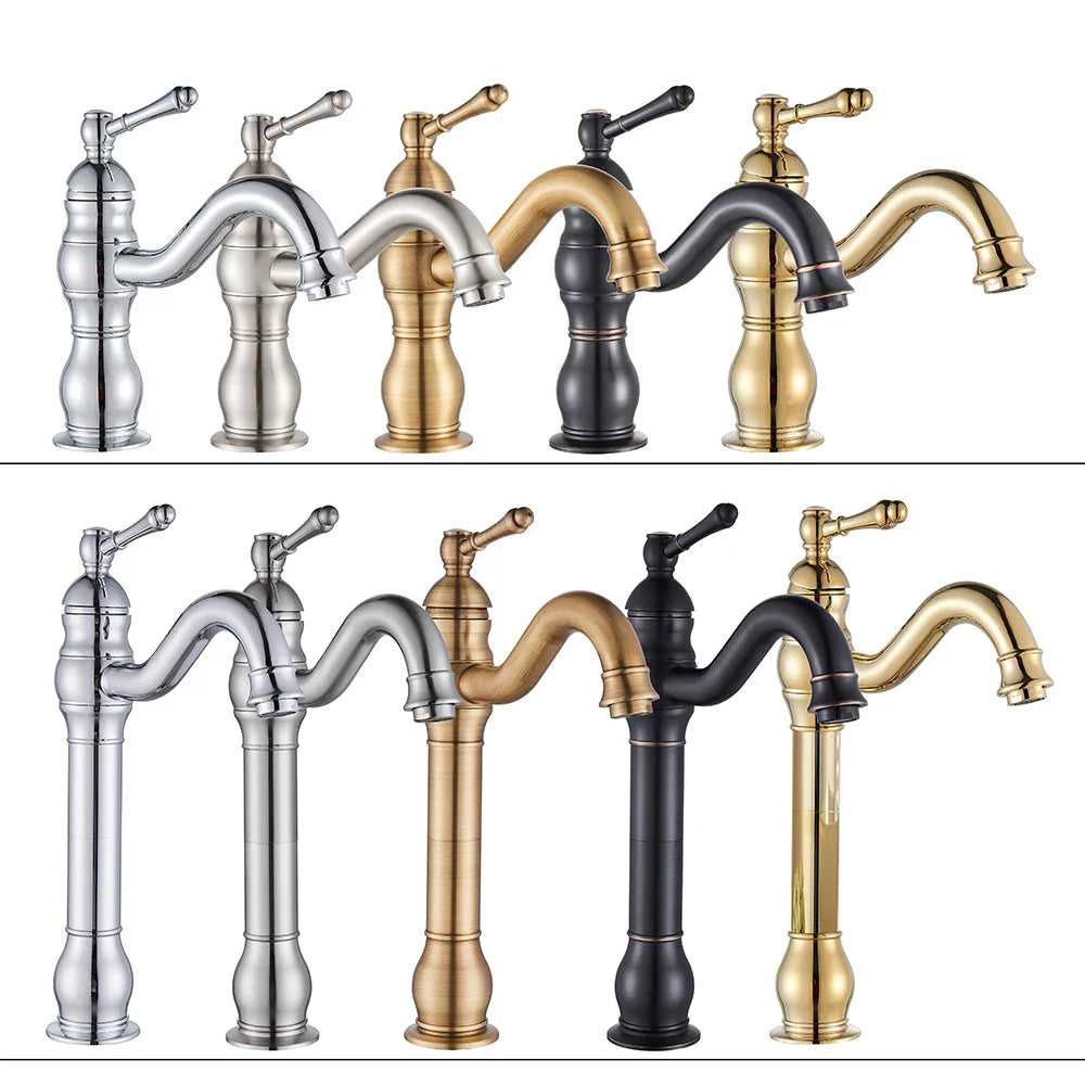 Poiqihy vintage-style deck mounted antique brass single hole bathroom faucet with chrome gold and black finishes and classic lever handles