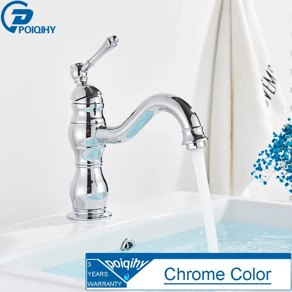 Chrome-finished poiqihy bathroom faucet with classic ornate design curved spout deck mounted single hole housing material