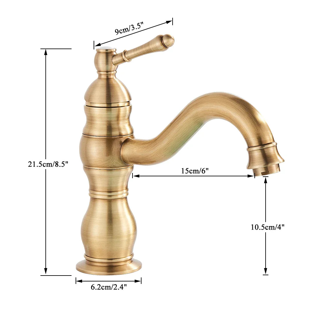 Poiqihy antique brass single hole deck mounted bathroom faucet with curved spout and brass housing material