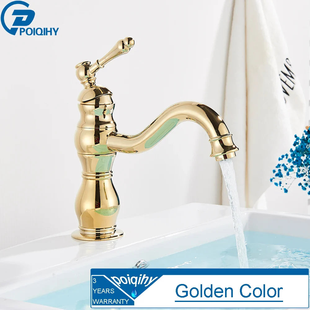 Golden brass-finished single hole deck mounted bathroom faucet with vintage design and durable housing material for basin sink