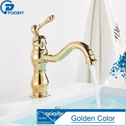Golden brass-finished single hole deck mounted bathroom faucet with vintage design and durable housing material for basin sink