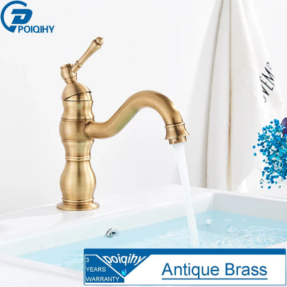 Antique brass single hole deck mounted bathroom faucet with ornate design and curved spout housing material brass