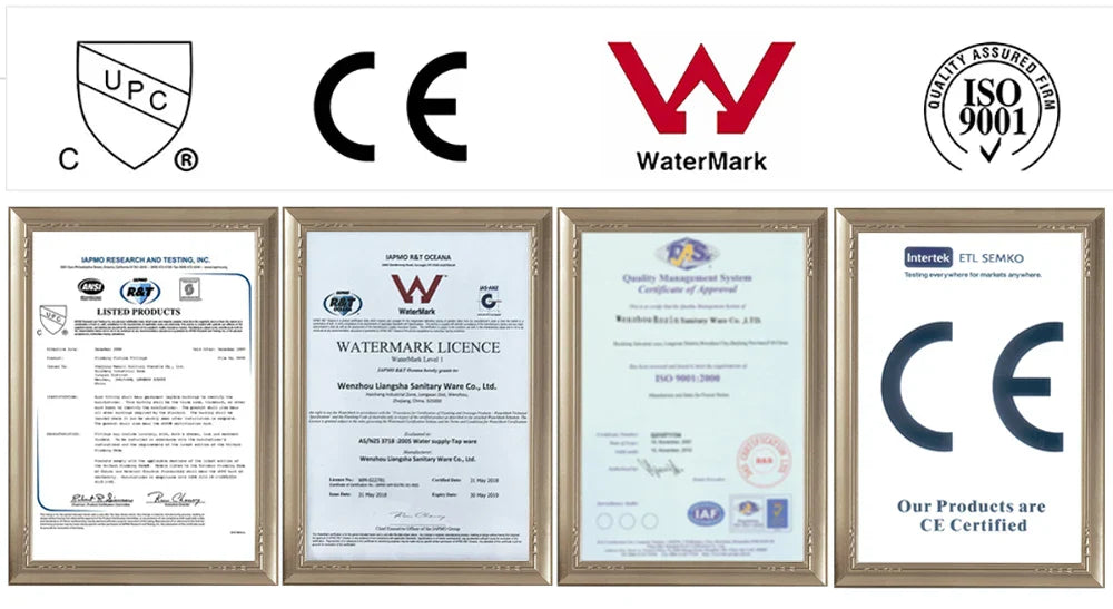 Four framed certification documents displayed on white background for poiqihy antique brass deck mounted single hole basin faucet housing material