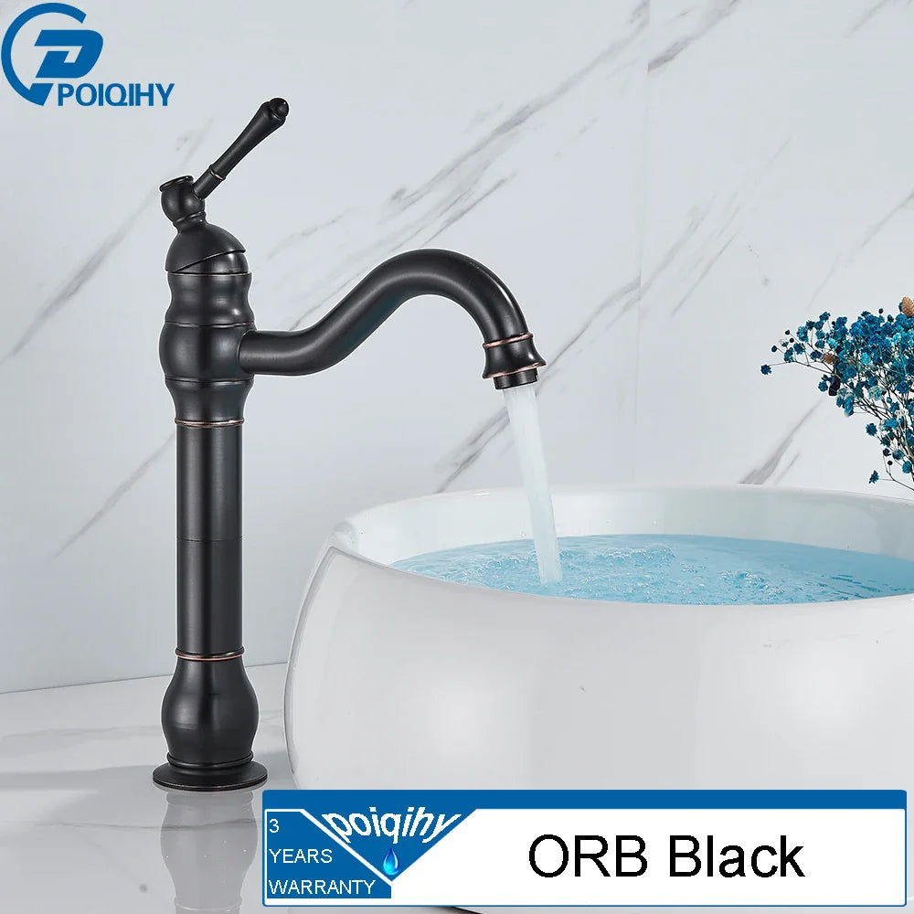 Poiqihy deck mounted single hole basin vessel sink faucet in orb black with matte finish and elegant curved spout housing material