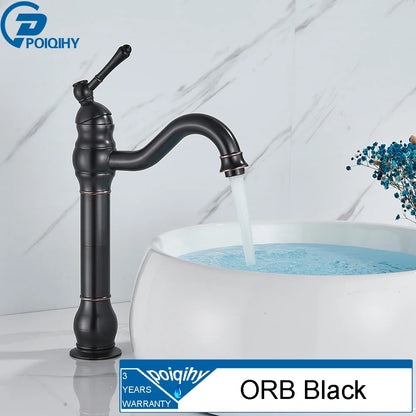 Poiqihy deck mounted single hole basin vessel sink faucet in orb black with matte finish and elegant curved spout housing material