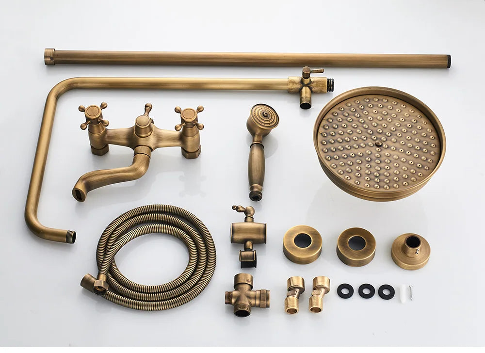 Brass-finished vintage-style bathroom shower kit with round rainhead handheld sprayer and curved pipe from poiqihy