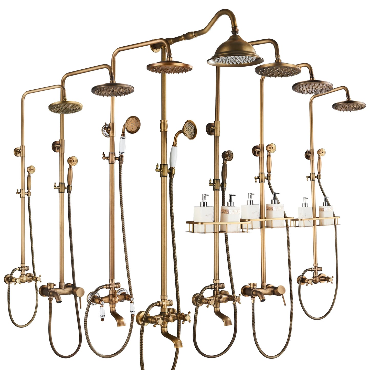 Antique brass finished POIQIHY shower system with multiple rainheads handheld sprayers and integrated soap dish shelves