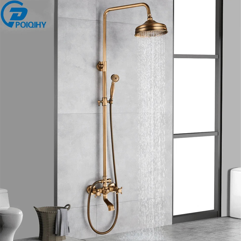 Brass-finished vintage-style poiqihy shower system with fixed overhead rainhead handheld spray nozzle and sliding bar