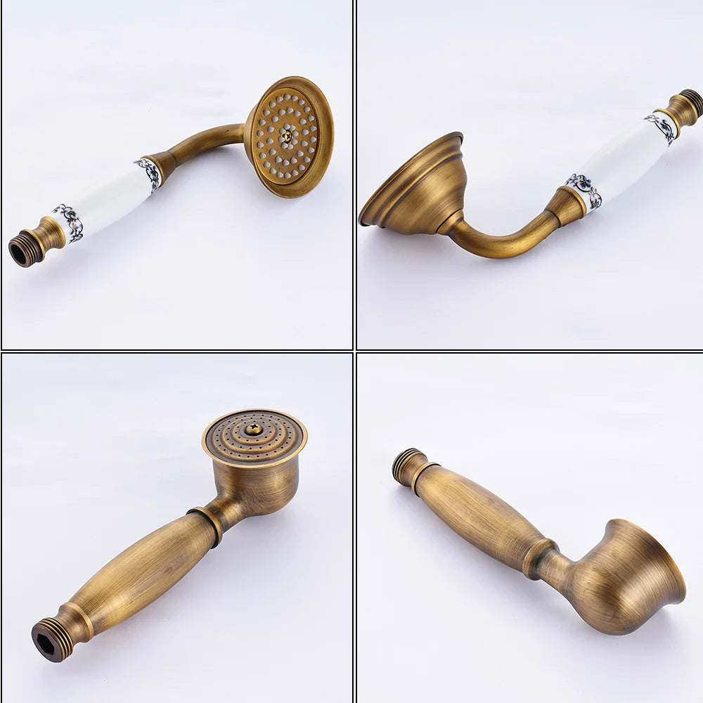 Antique brass-finished showerhead with ceramic handle and black-and-white decorative accents for bathroom use