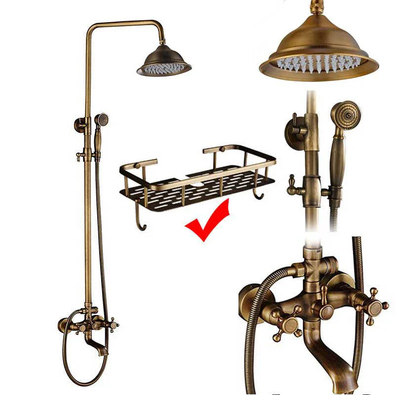 Brass-finished vintage-style wall bathroom shower system with handheld showerhead faucet and matching wire rack accessory