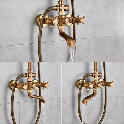 Brass-finished antique shower faucet with three cross handles and flexible hose from poiqihy sliding bar system