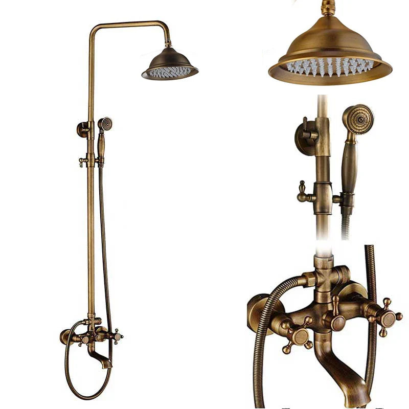 Antique brass finished POIQIHY shower system with tall overhead rainhead handheld spray and wall mounted faucet assembly