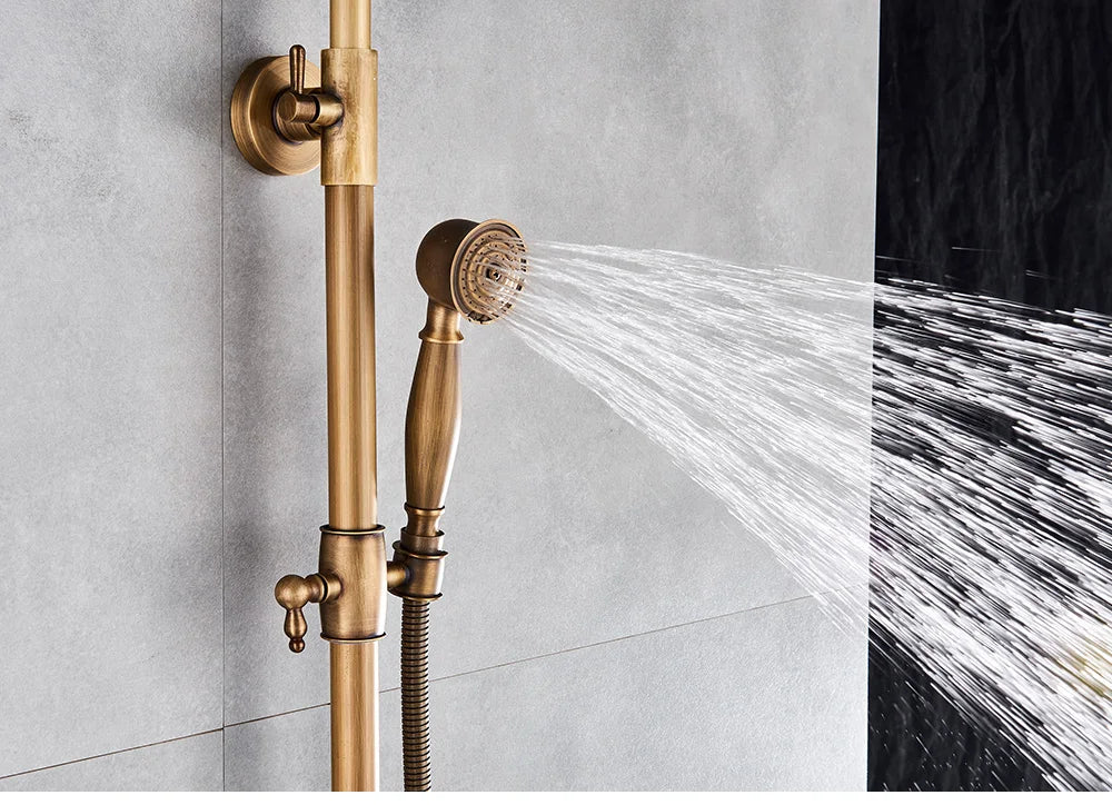 Poiqihy antique brass-finished shower set with vintage design adjustable hose and matching sliding bar for bathroom use