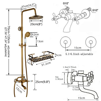 Brass-finished poiqihy antique shower set with adjustable rainhead handheld spray and wall-mounted faucet assembly