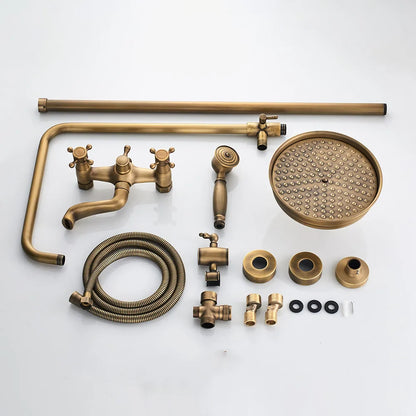 Brass-finished vintage-style bathroom shower faucet set with rainhead, handheld sprayer, and flexible hose by poiqihy