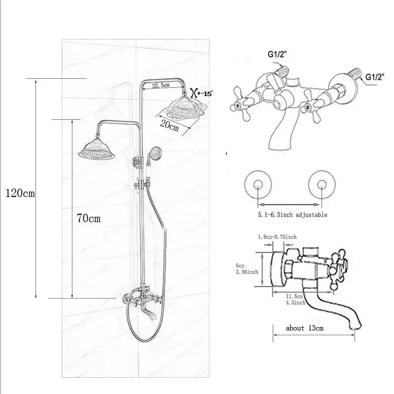 Brass-finished vintage-style shower faucet set with overhead rainhead handheld spray and dual-handle mixing valves