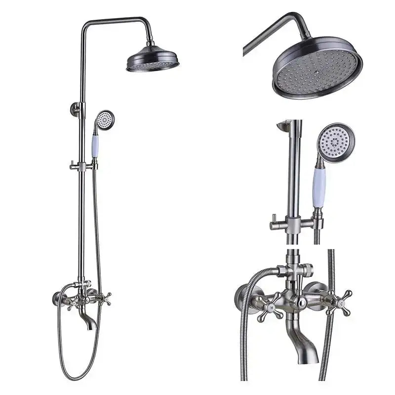 Stainless steel matte finish shower faucet set with tall overhead rainhead and handheld spray with light blue handles