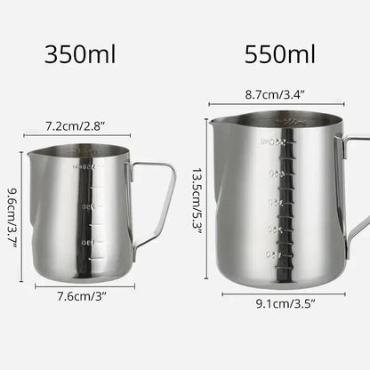 Polished stainless steel frothing cup set by decorbites includes 350ml and 550ml pitchers with measurement markings