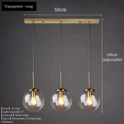 Polished steel glass pendant light trio with gold-toned metal and clear spherical bulbs for dining room lighting