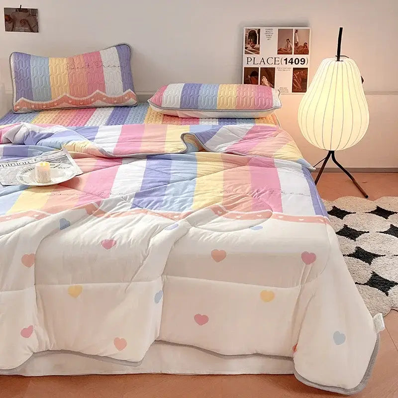 Pastel rainbow-striped plush quilt with heart motifs in polka dot smile white and red cool comforter set bedroom bedding