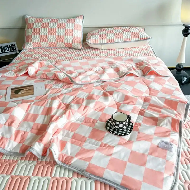 Pink and white checkered quilted comforter set with matching pillow sham in a polka dot smile cool comforter set