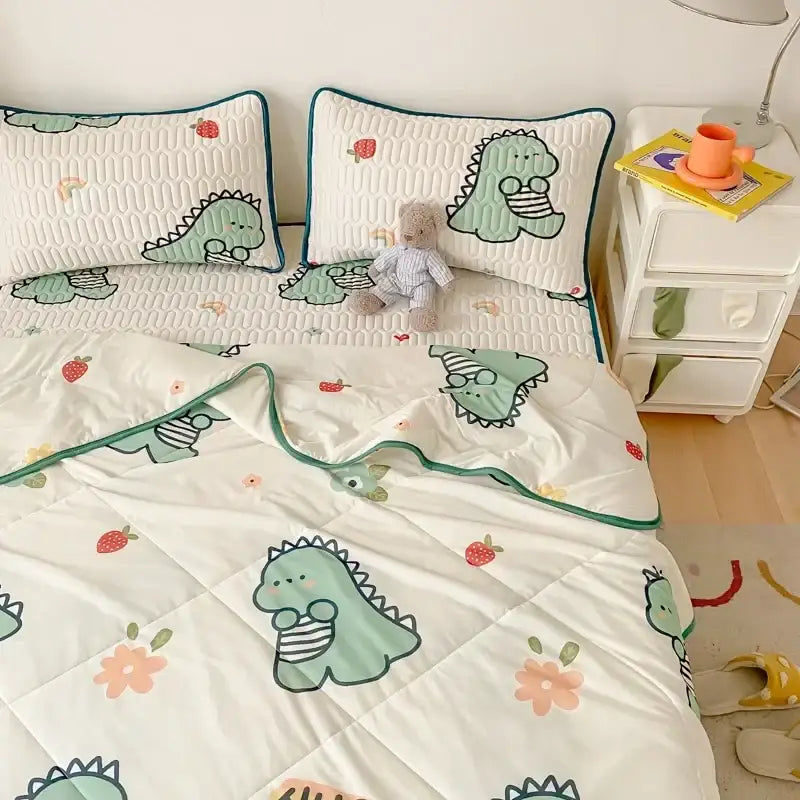 Cute light green dinosaur-themed cool comforter set with strawberry and flower patterns on white background