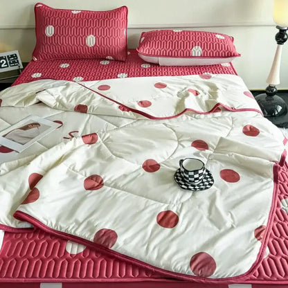 Pink and white polka dot quilted cool comforter set with matching pillow sham for bedroom bedding collection