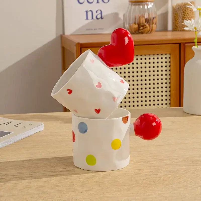 White ceramic mugs with colorful polka dots and red decorbites heart design ceramic handles set for kitchen use