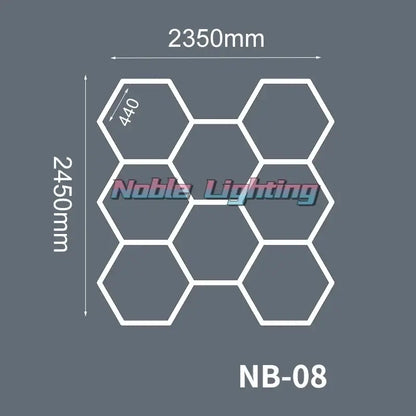 Hexagonal noble lighting nb-08 geometric led lights with white outlines on gray background for garage workshop decor
