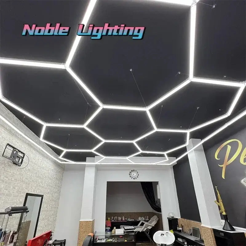 Black ceiling with illuminated polygonal snowflake geometric led lights for garage workshop decorbites led lights