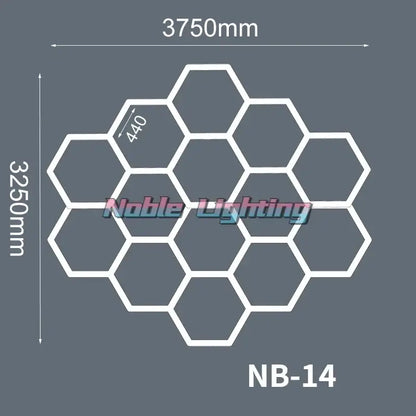 White hexagonal polygonal snowflake geometric led lights panel nb-14 3750x3250mm with 440mm cell by noble lighting