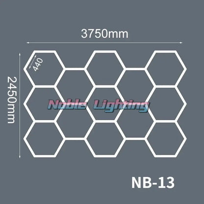 White hexagonal polygonal snowflake geometric led lights panel model nb-13 by noble lighting for garage workshop decor