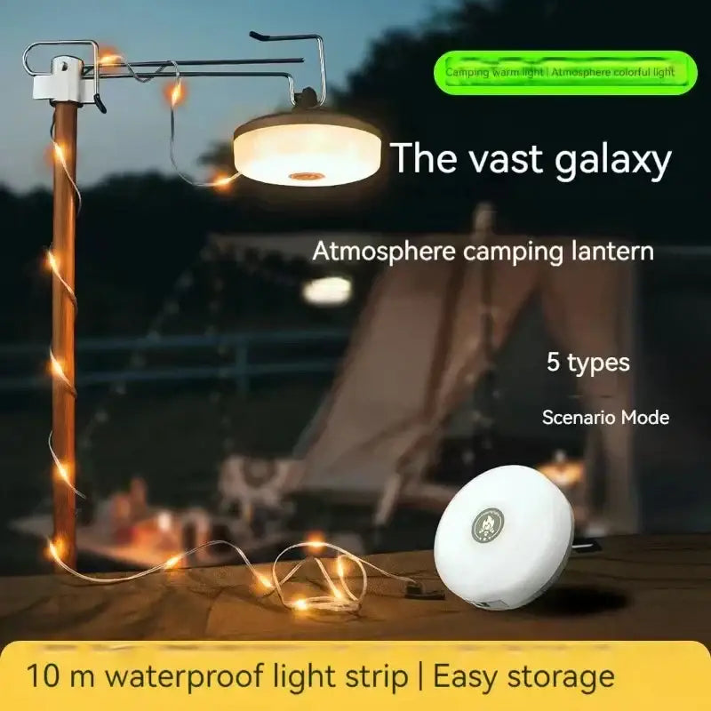 Portable white and black led camping light strip featuring a sleek circular design with soft ambient camping light